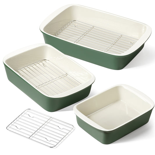 LE TAUCI Deep Casserole Dishes for Oven, 13.7”x9.6” Ceramic Baking Dish Set with Roasting Racks, Large Lasagna Pans with Handles, Rectangular Bakeware as Gift for Mom, Forest Green (4.6QT/3.0QT/1.6QT), Set of 3