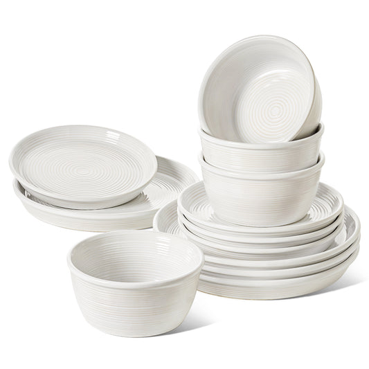 LE TAUCI 12‑Piece Ceramic Plates and Bowls Set, Service for 4 – White Farmhouse Dinnerware Sets with Deeper Plates (10" Dinner, 8" Salad, 6" Bowls), Dishwasher & Microwave Safe Stoneware Dishes