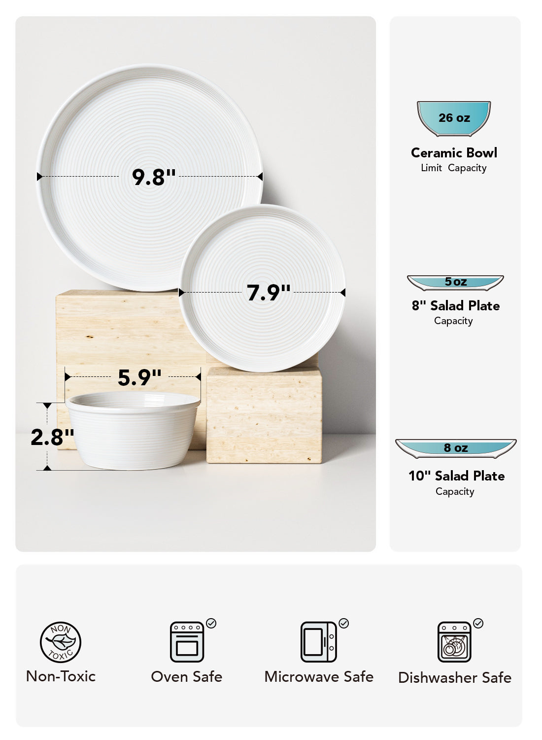 LE TAUCI 12‑Piece Ceramic Plates and Bowls Set, Service for 4 – White Farmhouse Dinnerware Sets with Deeper Plates (10" Dinner, 8" Salad, 6" Bowls), Dishwasher & Microwave Safe Stoneware Dishes