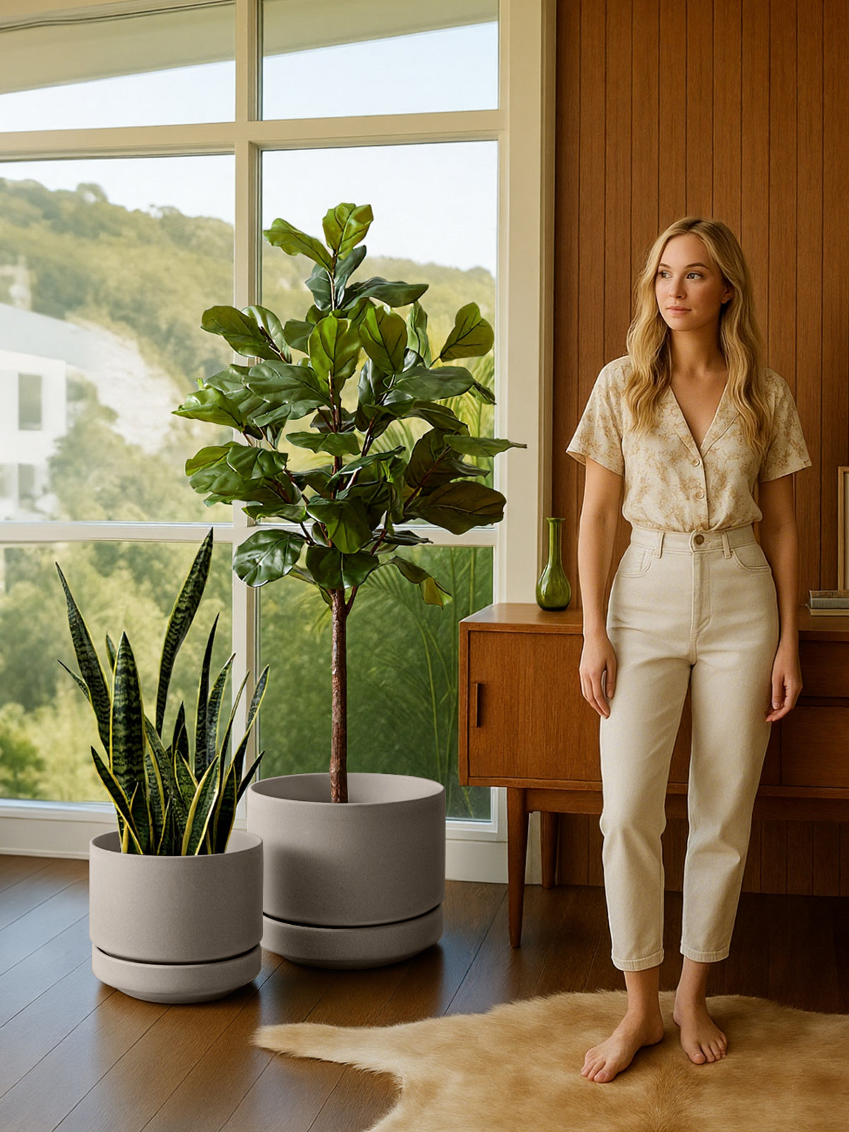 LE TAUCI Large 14 Inch Plant Pot with Saucer | Ceramic Outdoor & Indoor Big Planter Pot | Drainage Hole, Mesh Pad & Plug | Unglazed Porous | Modern Minimalist for Home and Patio – Neutral Gray