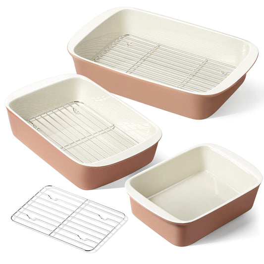 LE TAUCI Deep Casserole Dishes for Oven, 13.7”x9.6” Ceramic Baking Dish Set with Roasting Racks, Large Lasagna Pans with Handles, Rectangular Bakeware as Gift for Mom, Dusty Pink(4.6QT/3.0QT/1.6QT), Set of 3