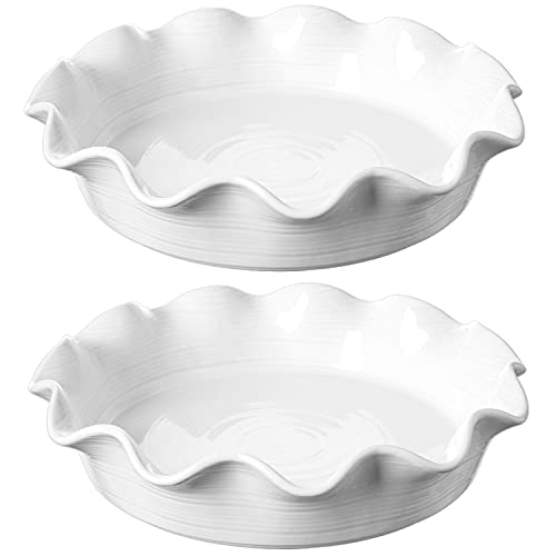 LE TAUCI Ceramic Pie Pans for Baking, 11 Inches Deep Dish Pie Plate for Apple Pie, Pot Pie, 48 Ounce Baking Dish with Ruffled Edge, Set of 2, White