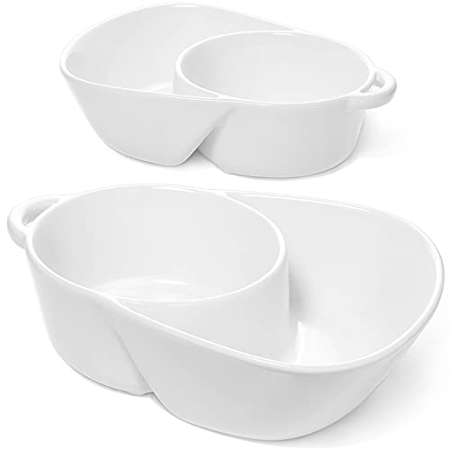 LE TAUCI Anti-Soggy Cereal Bowl, Ceramic Soup Bowl, Chip and Dip Bowl for Cracker and Snack, Divided Serving Bowls Set for Bread, Guacamole and Salsa,Set of 2, White