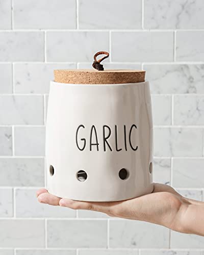 LE TAUCI Garlic Keeper, 5 Inch Ceramic Kitchen Storage Container Saver, with Cork Lid, Keep Your Garlic Cloves Fresh Longer, 1 Pack, White