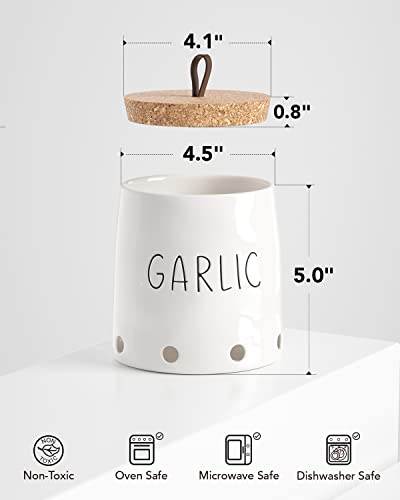 LE TAUCI Garlic Keeper, 5 Inch Ceramic Kitchen Storage Container Saver, with Cork Lid, Keep Your Garlic Cloves Fresh Longer, 1 Pack, White