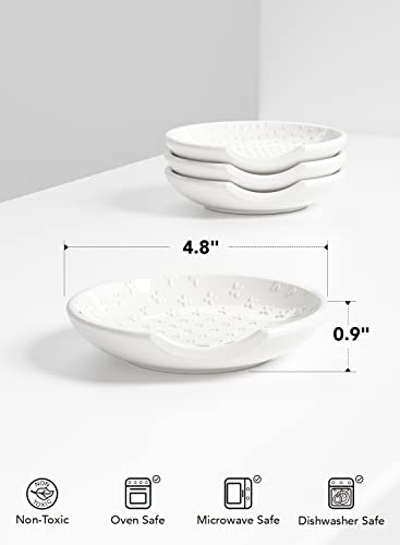 LE TAUCI Ceramic Spoon Rest for Counter, Embossment Farmhouse Gift, Coffee Spoon Holder for Kitchen, Stove Top Protection, Kitchen Decor, Accessories for Countertop - 4.8 inch, Set of 4, White