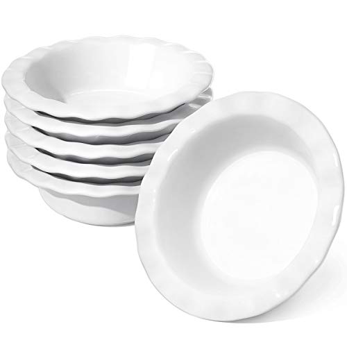 LE TAUCI Mini Pie Pans, 6.5 Inch Pie Plate Ceramic, 12 Ounce Pie Dish Ramekins, Individual Chicken Pot Pie, Ruffled Edge Bowls, Set of 6, White