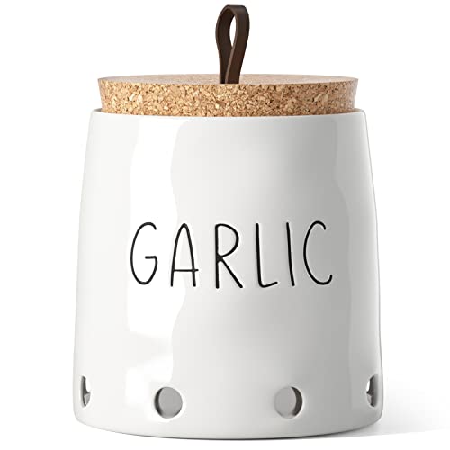 LE TAUCI Garlic Keeper, 5 Inch Ceramic Kitchen Storage Container Saver, with Cork Lid, Keep Your Garlic Cloves Fresh Longer, 1 Pack, White