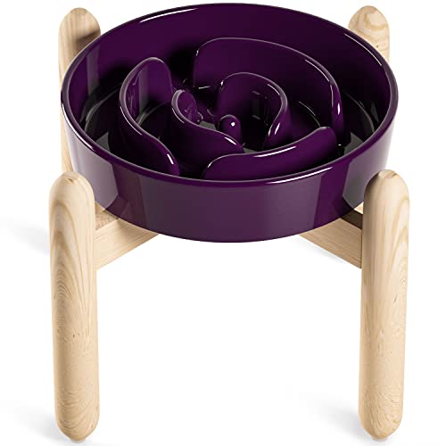 LE TAUCI Ceramic Slow Feeder Dog Bowls Elevated for Small and Medium Breed, Dog Bowls with Wooden Stand, 1.5 Cups Dog Dishes to Slow Down Eating, Anti-Gulping Pet Feeding Dishes, Maze Purple