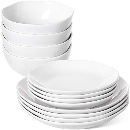 LE TAUCI Dinnerware Sets 12 Piece, Serve for 4, Ceramic Plates and Bowls Set (10" Dinner Plates + 8" Salad Dish + 22 oz Bowl) x 4, House Warming Wedding Gift, Dishwasher Microwave Oven safe - White