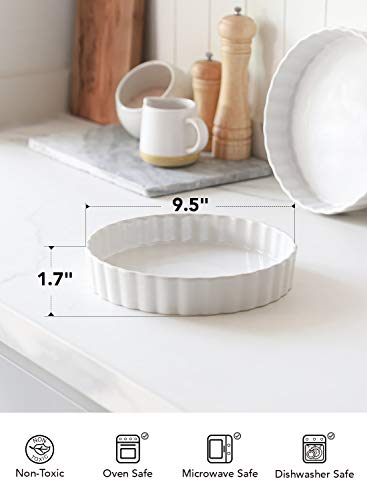 LE TAUCI Quiche Tart Pan, 9.5 Inches Ceramic Fluted Pie Dish, Quiche Lorraine, Chicken Pot Pie, Set of 2, White