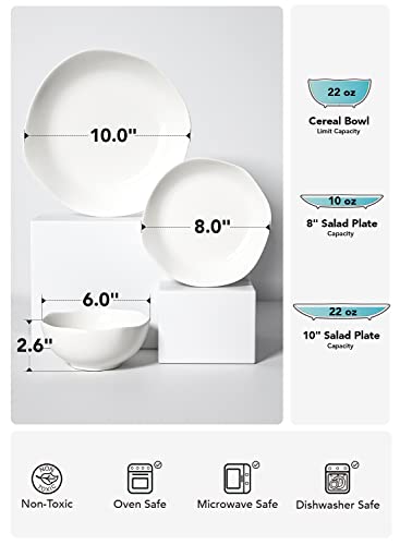 LE TAUCI Dinnerware Sets 12 Piece, Serve for 4, Ceramic Plates and Bowls Set (10" Dinner Plates + 8" Salad Dish + 22 oz Bowl) x 4, House Warming Wedding Gift, Dishwasher Microwave Oven safe - White