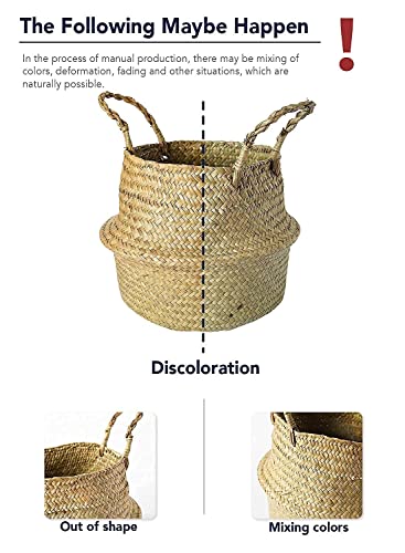 LE TAUCI Plant Basket with Plastic Tray, Woven Seagrass Belly Baskets, Home Boho Decor, Storage Laundry Picnic Grocery Straw Bag for Artificial Tree（Small, 7 inch, Original）