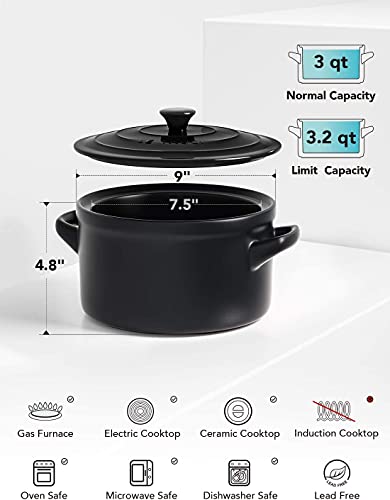 LE TAUCI 3 Quart Dutch Oven Pot with Lid, for No Knead Bread, Sourdough Loaf, Bread Clothe Baker, Ceramic Casserole Dish, Stove to Oven, Non-Coated, Use as Bread Pan, Soup Pot, Stew Pot, Black