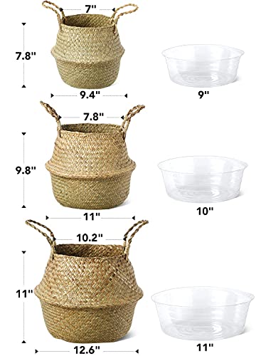 LE TAUCI Plant Basket with Plastic Tray, Woven Seagrass Belly Baskets, Home Boho Decor, Storage Laundry Picnic Grocery Straw Bag for Artificial Tree（Small, 7 inch, Original）