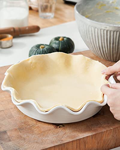 LE TAUCI Ceramic Pie Pans for Baking 11 Inches Deep Dish Pie Plate for Apple Pie Pot Pie 48 Ounce Baking Dish with Ruffled Edge Set of 2 White