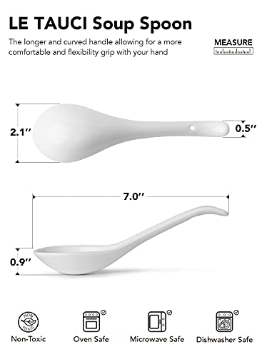 LE TAUCI 7 Inch Soup Spoons, Ceramic Chinese Soup Spoons, Asian Soup Spoons, Japanese Spoon Large for Cereals Ramen Pho Wontons Oatmeal Porridge Dumpling Miso Noodles, Set of 8, White