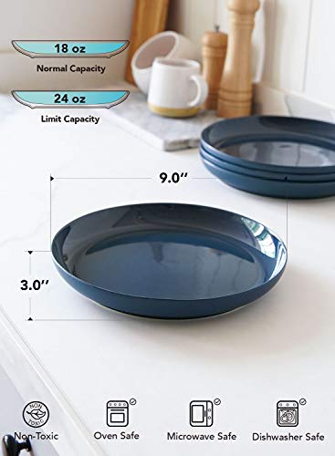 LE TAUCI Dinner Plate 9 inch，Ceramic Salad plate sets for Pasta, Risotto, Fluffiest, Pancakes, Dishwasher Microwave Oven Safe, set of 4, Sea blue