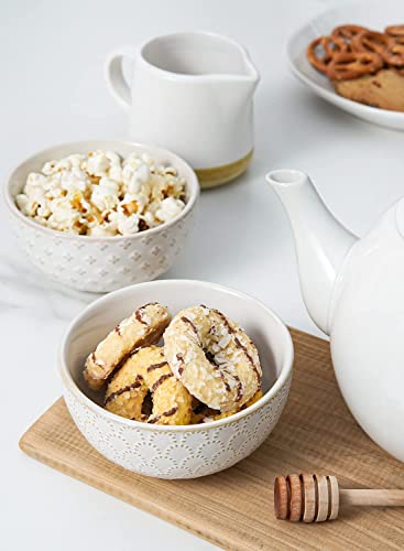 LE TAUCI Small Bowls 4.5 inch, House-warming Gift, Ceramic Embossment Stoneware Bowl for Ice Cream, Dessert, Fruits, Side Dishes - 12 oz, Set of 4, Arctic white