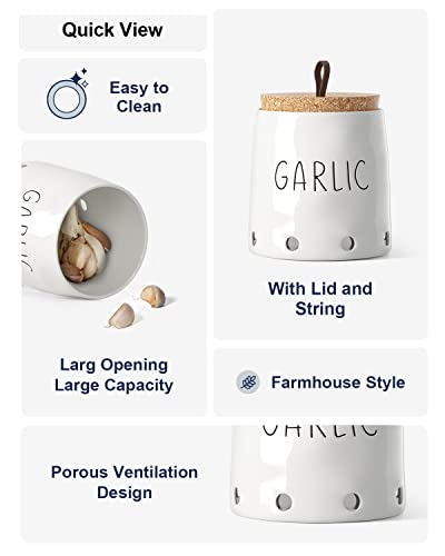 LE TAUCI Garlic Keeper, 5 Inch Ceramic Kitchen Storage Container Saver, with Cork Lid, Keep Your Garlic Cloves Fresh Longer, 1 Pack, White