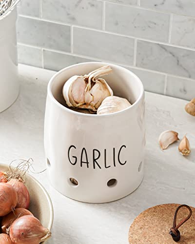 LE TAUCI Garlic Keeper, 5 Inch Ceramic Kitchen Storage Container Saver, with Cork Lid, Keep Your Garlic Cloves Fresh Longer, 1 Pack, White