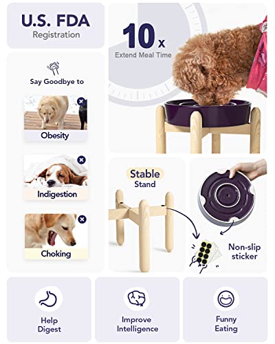 LE TAUCI Ceramic Slow Feeder Dog Bowls Elevated, 3 Cups Raised Dog Bowl with Wooden Stand for Medium Large Breed, Dog Dishes to Slow Down Eating, Puzzle Dog Food Bowl, Maze Purple