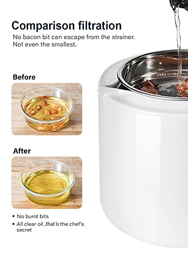 LE TAUCI 2L/64 OZ Oil Strainer Pot with Strainer, Bacon Grease Container with Lid & Handle, Large Ghee Container for Storing Frying Oil & Cooking Grease, Set of 1, White