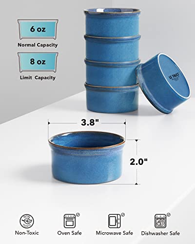 LE TAUCI Ramekins 6 oz, Ceramic Souffle Dishes, Ramekin for Creme Brulee, Lava Cakes, Pudding, Custard Cups, Souffle, Pot Pie, Dip Sauce -3.8 inch, Set of 6, Ceylon Blue