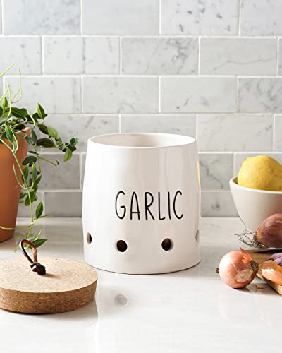 LE TAUCI Garlic Keeper, 5 Inch Ceramic Kitchen Storage Container Saver, with Cork Lid, Keep Your Garlic Cloves Fresh Longer, 1 Pack, White