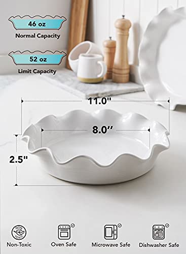 LE TAUCI Ceramic Pie Pans for Baking, 11 Inches Deep Dish Pie Plate for Apple Pie, Pot Pie, 48 Ounce Baking Dish with Ruffled Edge, Set of 2, White