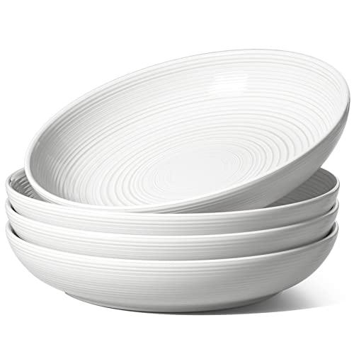 LE TAUCI Pasta Bowls 36 oz, Ceramic Shallow Salad Serving Plates, Large Dinner Bowl Set, Microwave Oven & Dishwasher Safe - 9 Inch, Set of 4, White