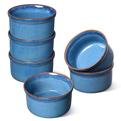 LE TAUCI Ramekins 6 oz, Ceramic Souffle Dishes, Ramekin for Creme Brulee, Lava Cakes, Pudding, Custard Cups, Souffle, Pot Pie, Dip Sauce -3.8 inch, Set of 6, Ceylon Blue