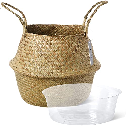 LE TAUCI Plant Basket with Plastic Tray, Woven Seagrass Belly Baskets, Home Boho Decor, Storage Laundry Picnic Grocery Straw Bag for Artificial Tree（Small, 7 inch, Original）