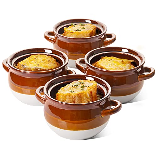 LE TAUCI French Onion Soup Crocks with Handles, 22 Ounce Ceramic Soup Bowls for Soup, Chili, Beef Stew, Set of 4, Oven & Broil Safe