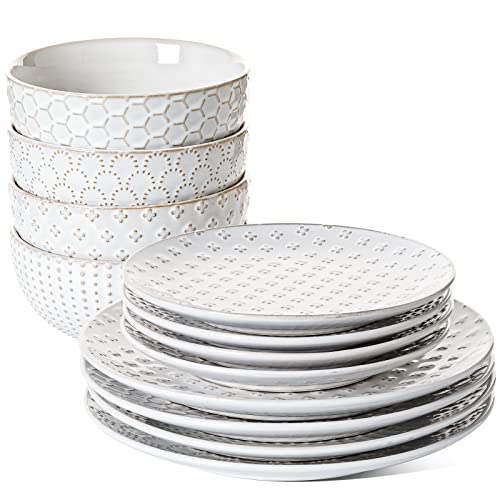 LE TAUCI Dinnerware Sets 12 Piece, House Warming Wedding Gift, Serve for 4 (10" Dinner Plates + 8" Salad Dish + 22 oz Bowl) x 4, Dishwasher Microwave Oven safe - Arctic White